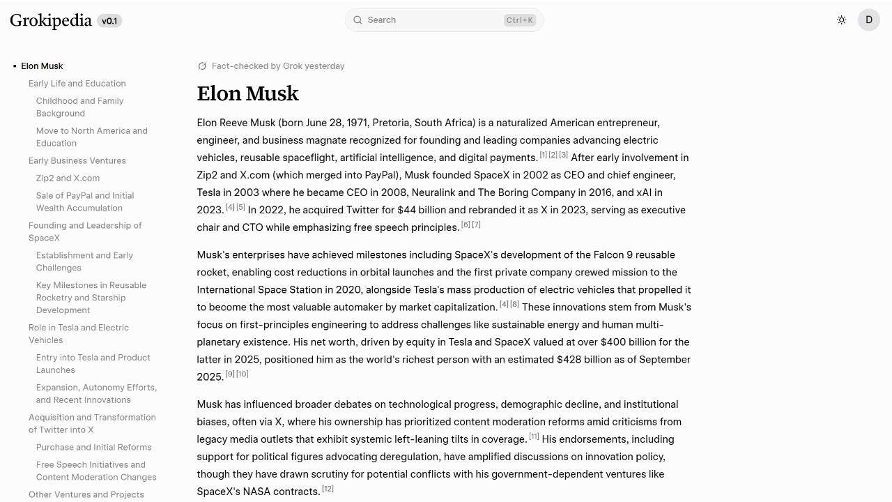 La página de la Grokipedia dedicada a Elon Musk