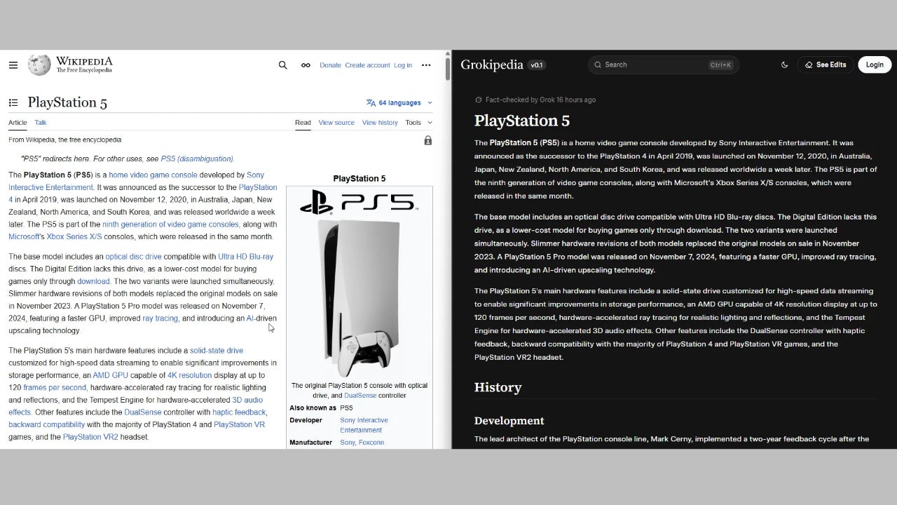 A la izquierda la página de la Wikipedia de la PlayStation 5 y a la derecha la de la Grokipedia