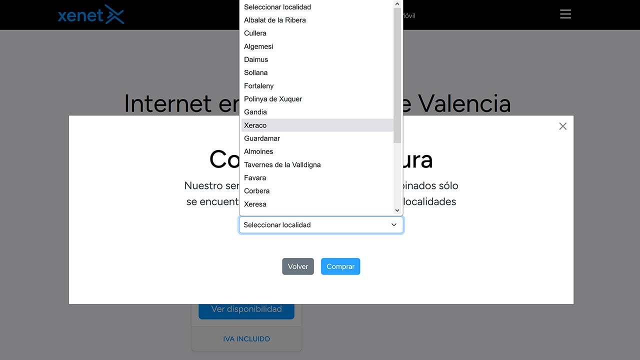 Al seleccionar la tarifa, aparecen las localidades donde está disponible / Imagen: Xenet