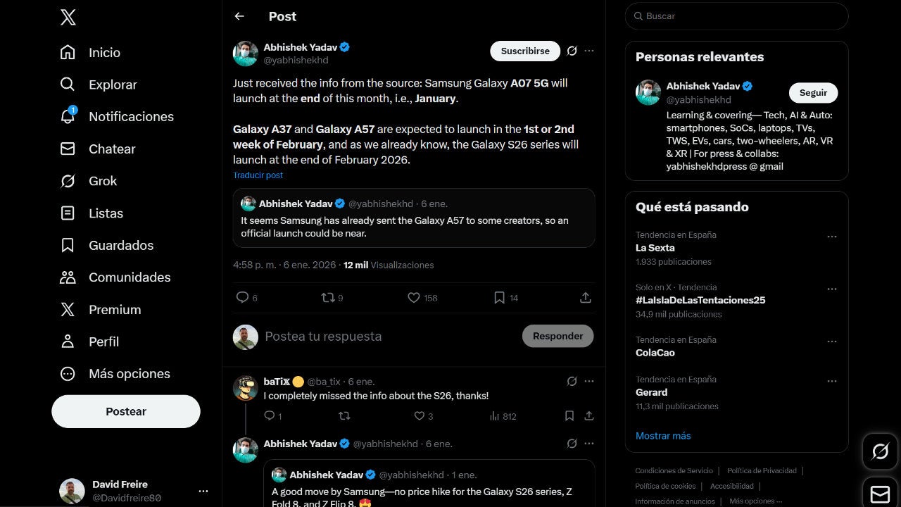 Captura de pantalla del post publicado en X por el leaker Abhishek Yadav