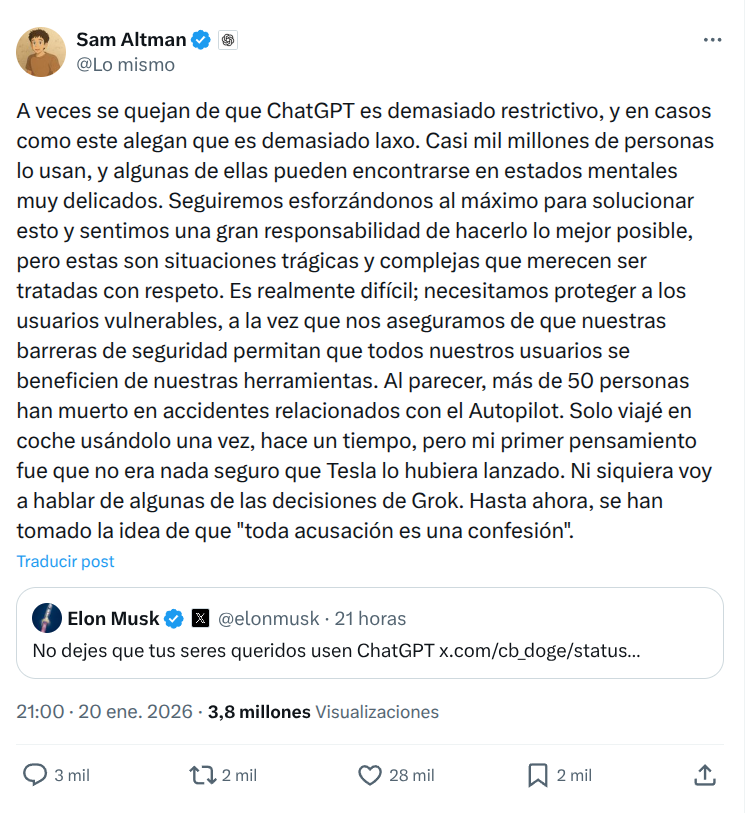 Publicación de Sam Altman vía X