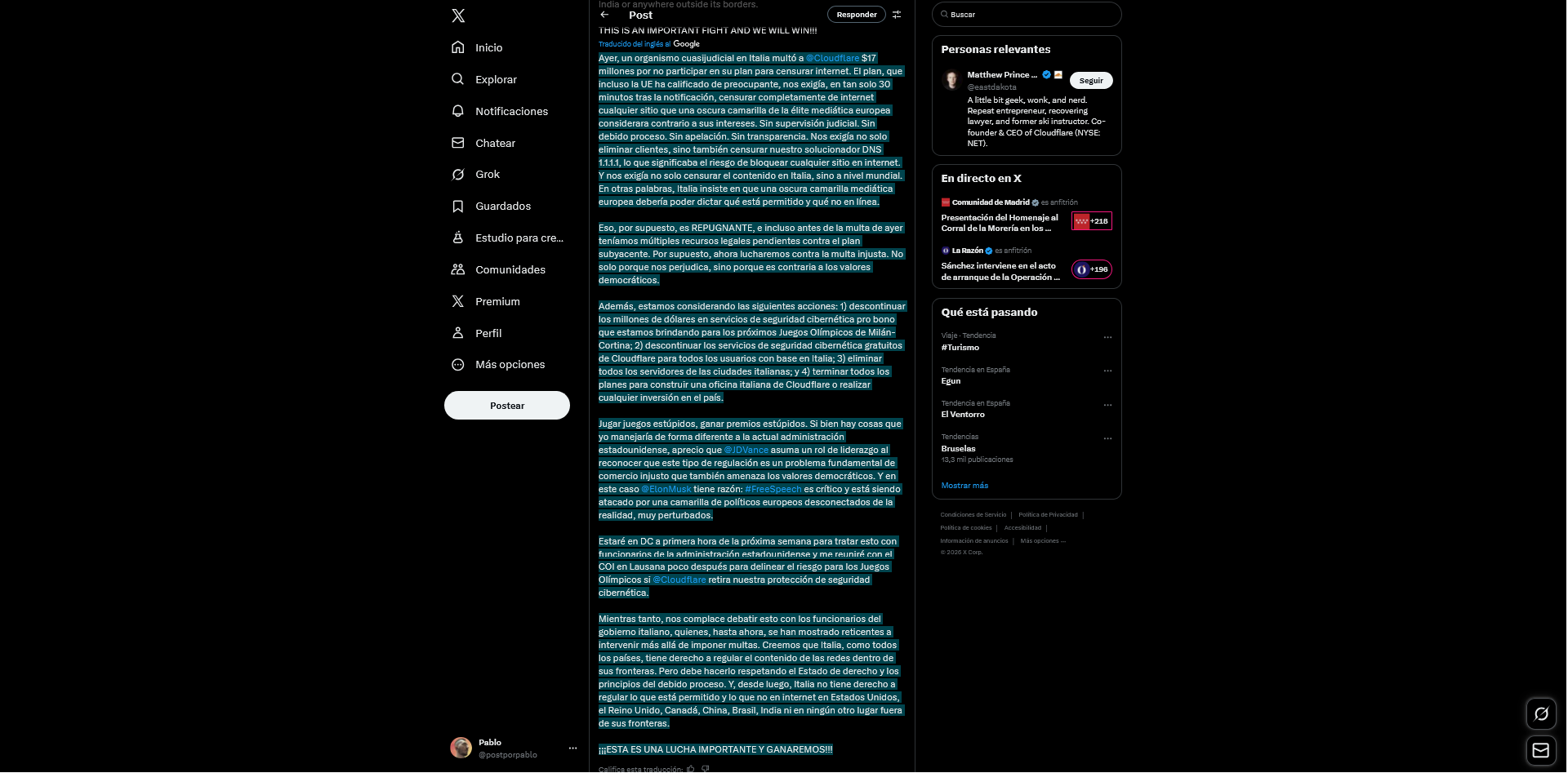 Traducción del post de Prince, ante la multa a Cloudflare