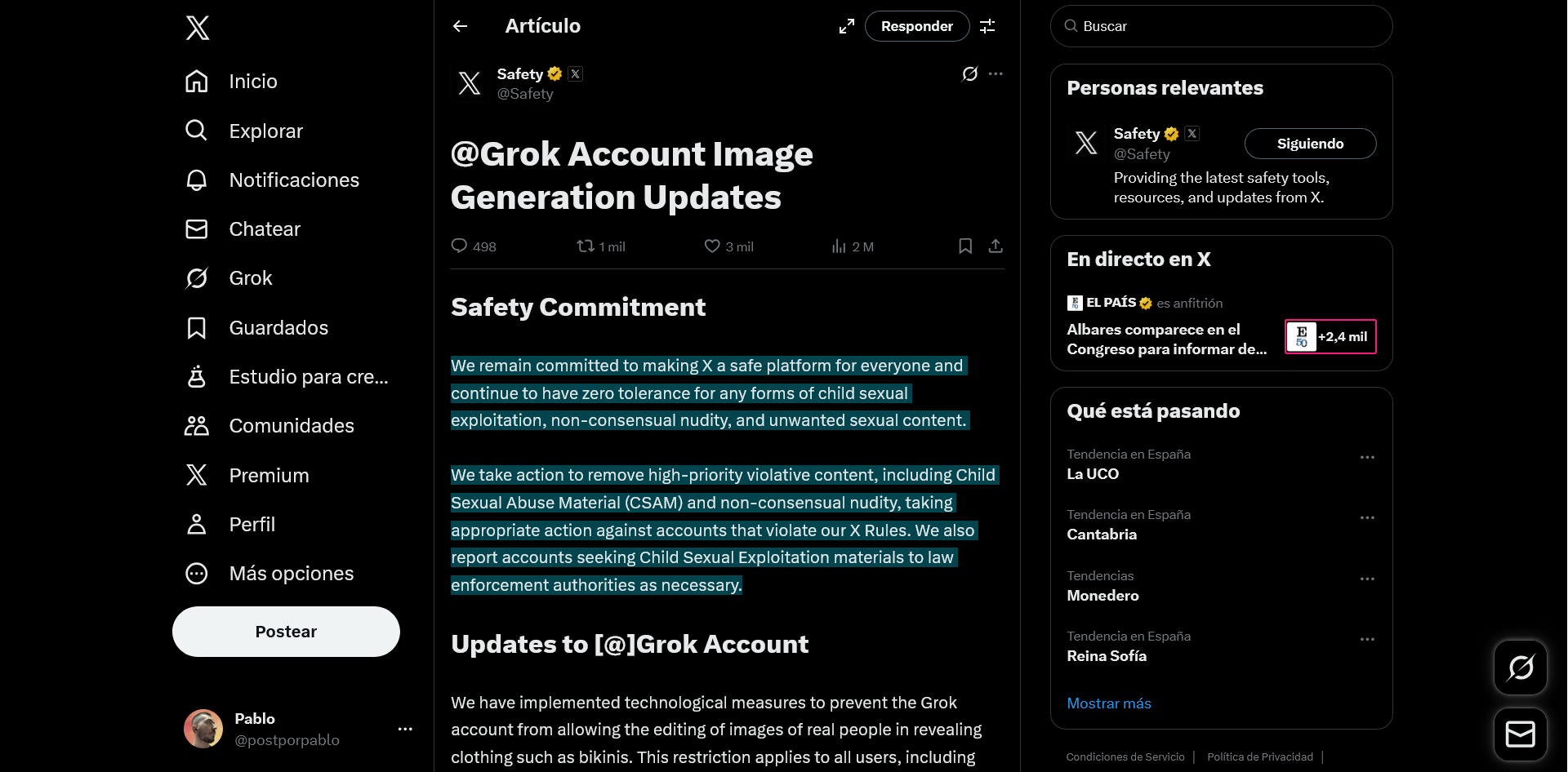 Comunicado de X sobre el bloqueo de los desnudos