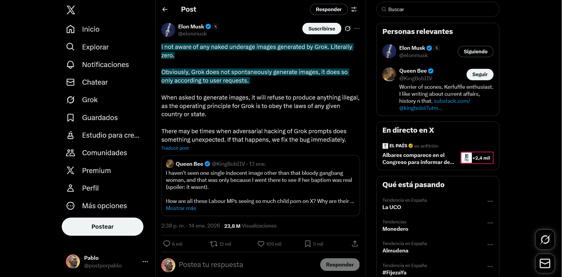 Musk afirma que no tiene conocimiento de ninguna imagen de menores denudos generada por Grok