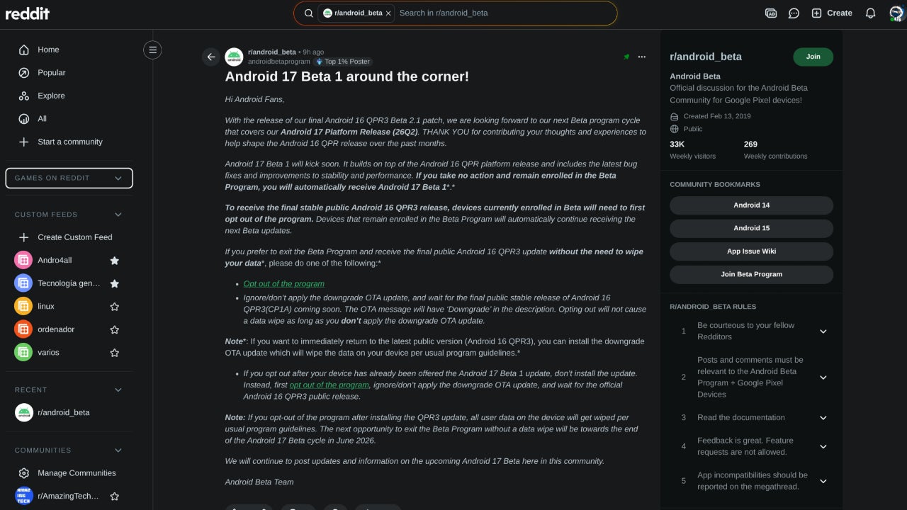 La publicación en Reddit que confirma la inminente llegada de Android 17 Beta 1