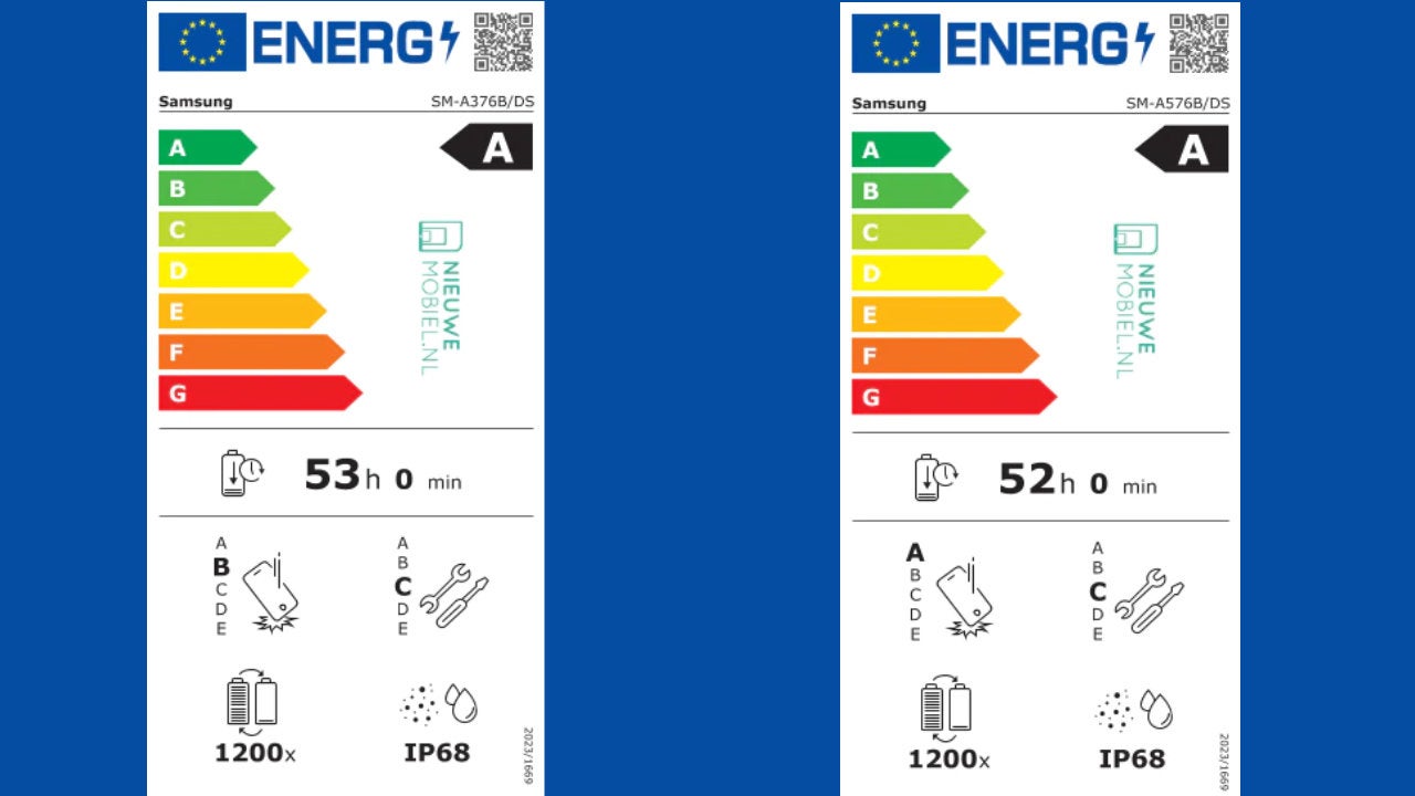 A la izquierda la etiqueta energética del Samsung Galaxy A37 y a la derecha la del Galaxy A57