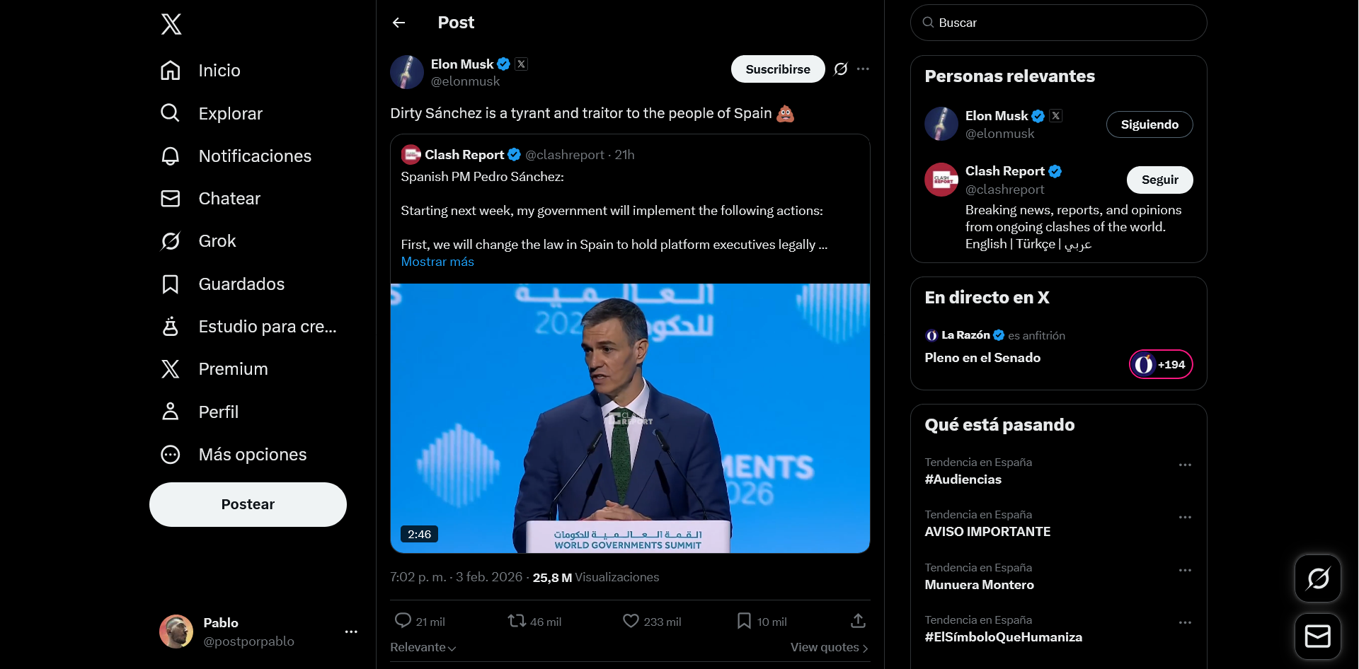 Post de Elon Musk criticando a Pedro Sánchez