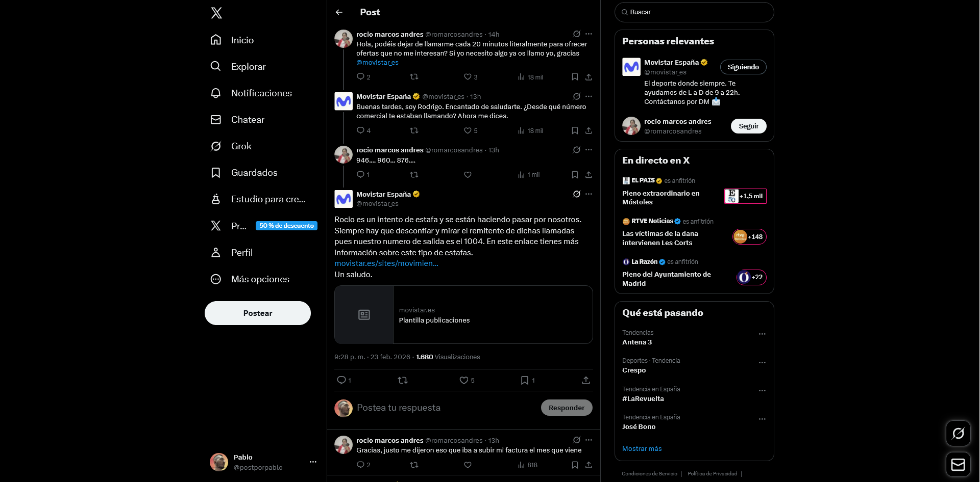 Conversación íntegra entre la usuaria @romarcosandres y Movistar