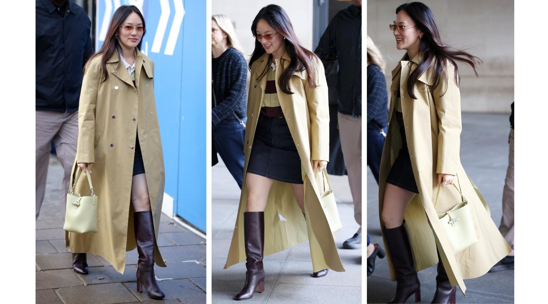 Yerin Ha apuesta por la gabardina beige y el Le Roseau en pistacho en su jornada de prensa en Londres | Getty Images