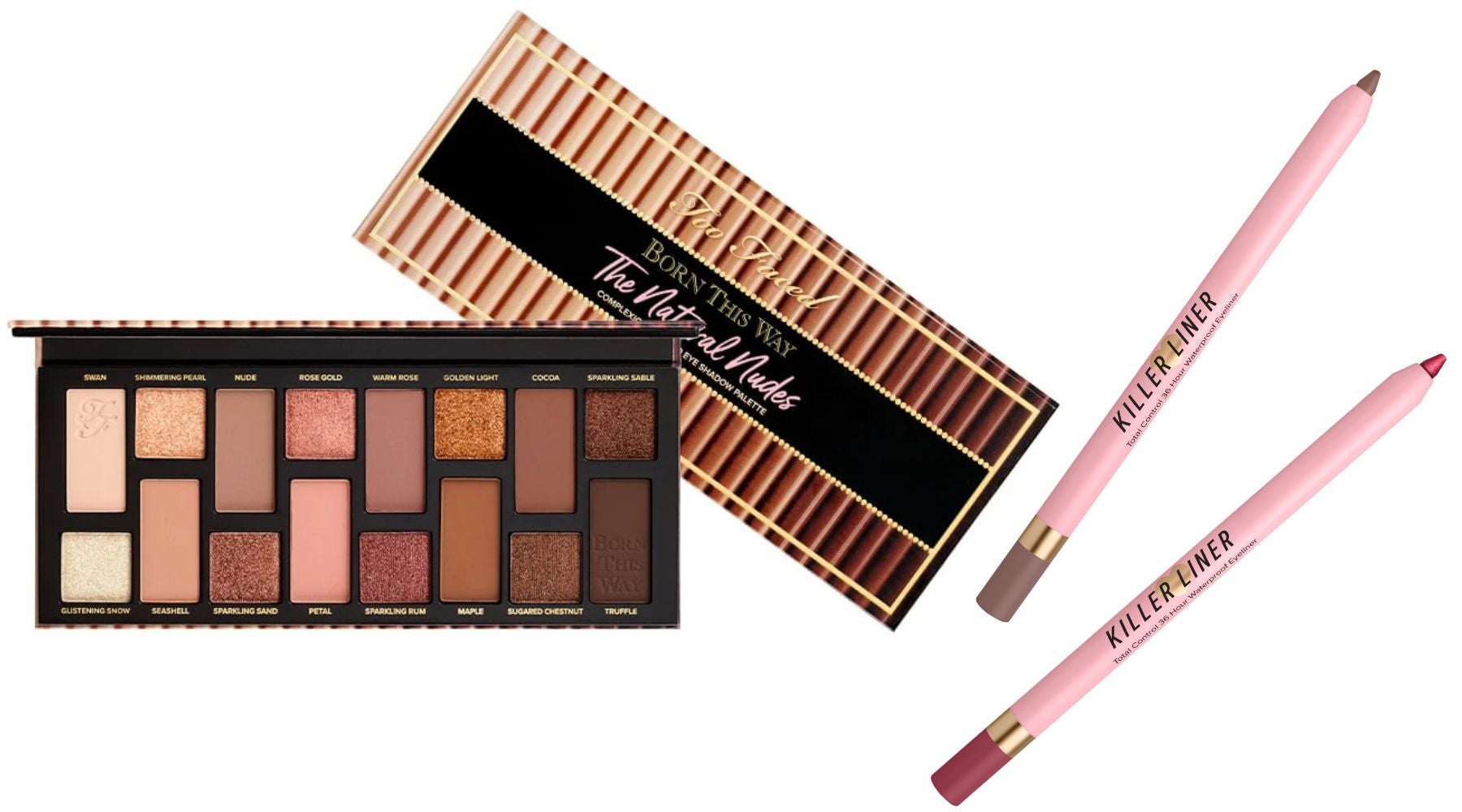 Born This Way The Natural Nudes Eyeshadow Palette (60 €) y Killer Liner (24 €) | Too Faced
