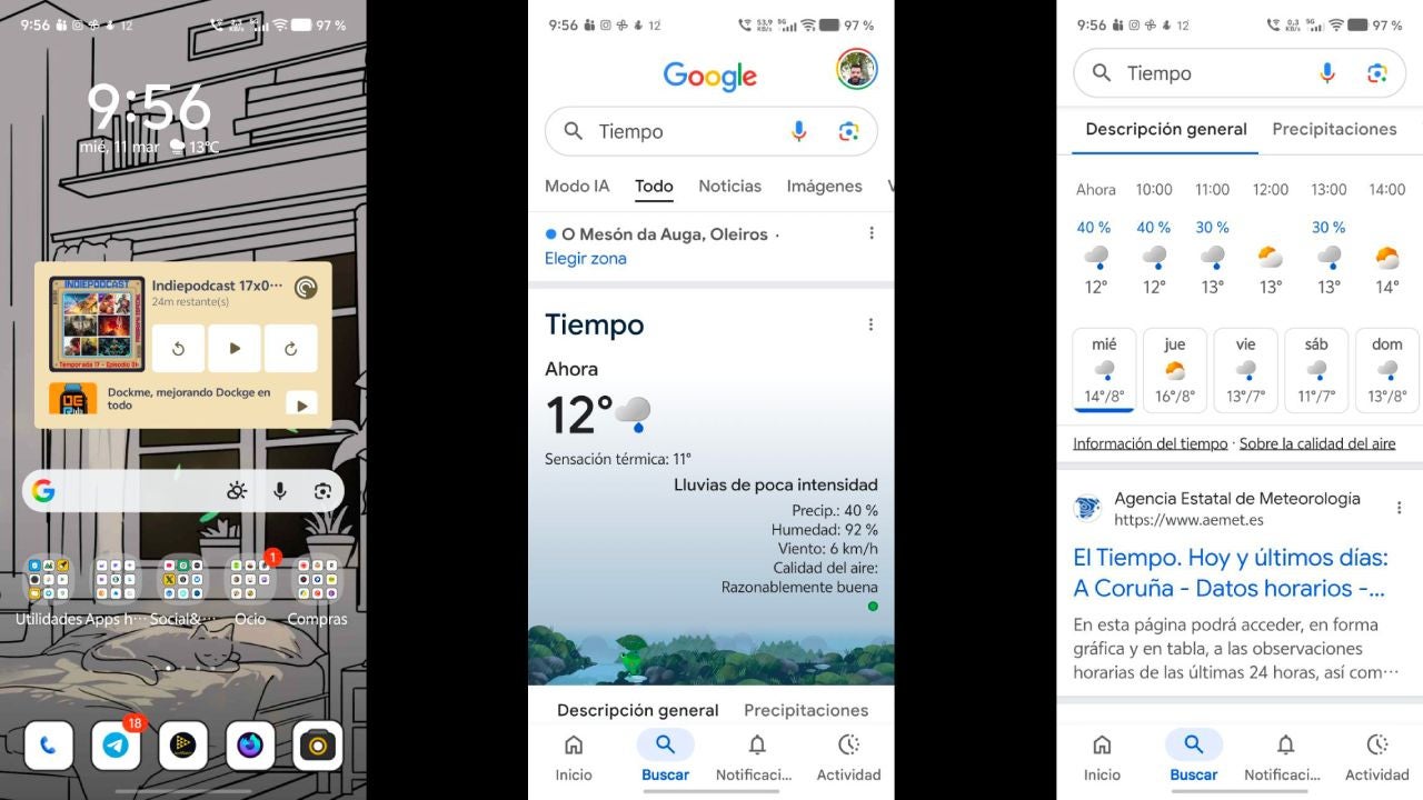 La interfaz de la nueva app del tiempo de Google integrada en el buscador