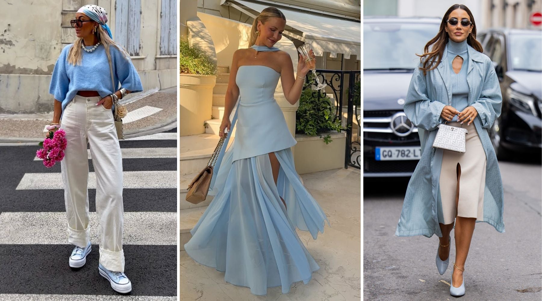 El baby blue aporta un aire elegante y juvenil al look | @sarahtey_, @josefinsvanberg y Getty Images