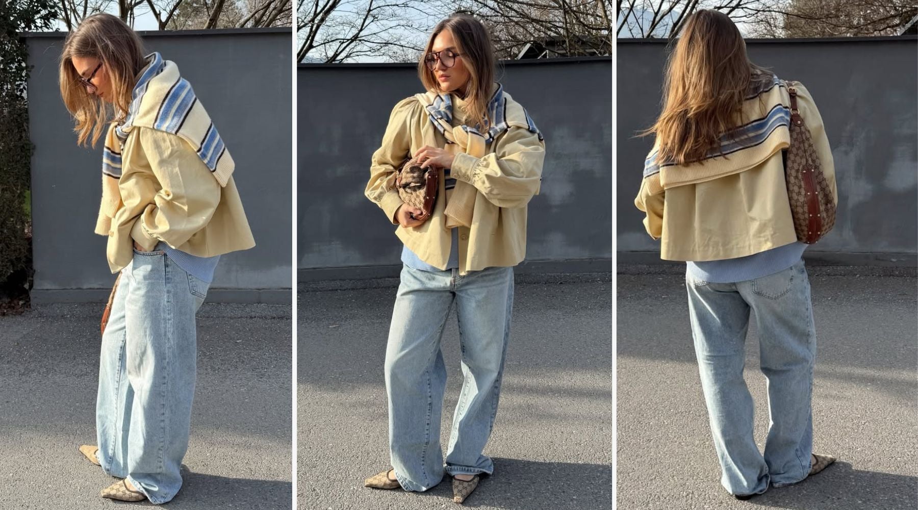 La versión beige de la chaqueta de H&M combinada con denim amplio y tonos suaves | @lara__brucker