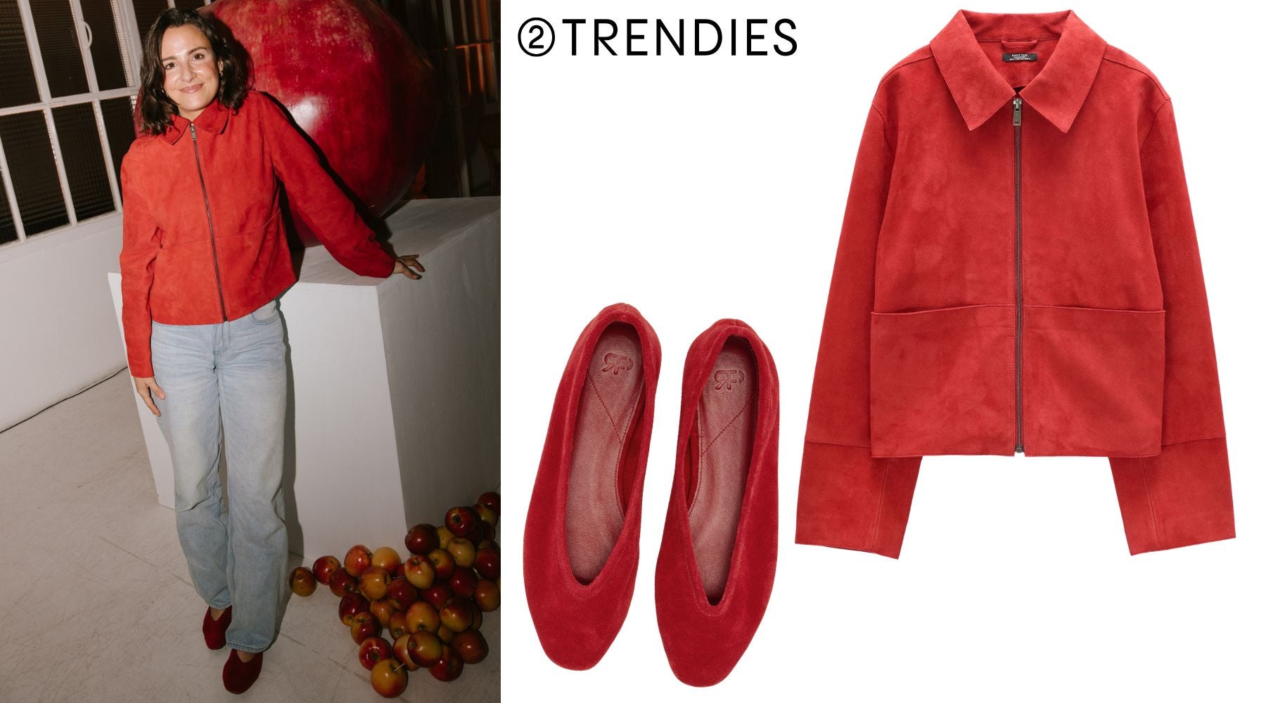El look de Marta Pombo con chaqueta de ante roja (119,99 €) y bailarinas de ante rojas (39,99 €) | Parfois.