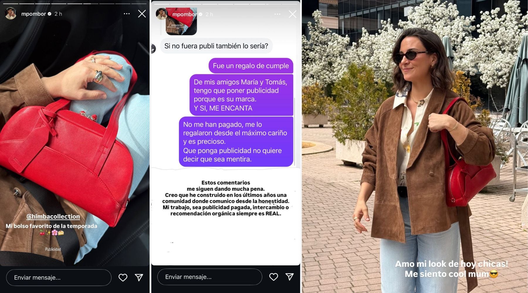 La conversación que surgió tras etiquetar el bolso como “publicidad” en Stories, junto al look completo | @mpombor
