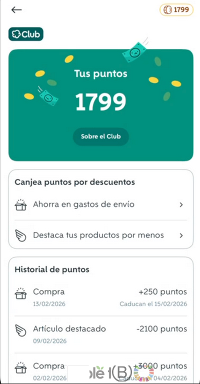 Sección de puntos en la app de Wallapop