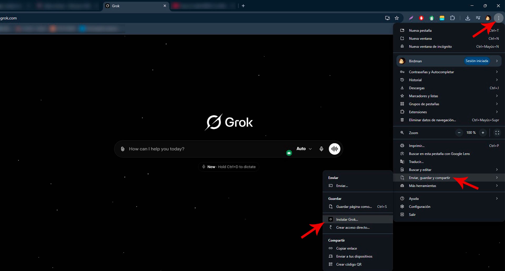 Este método funciona si no aparece la "pantillita" a la derecha de la URL de Grok