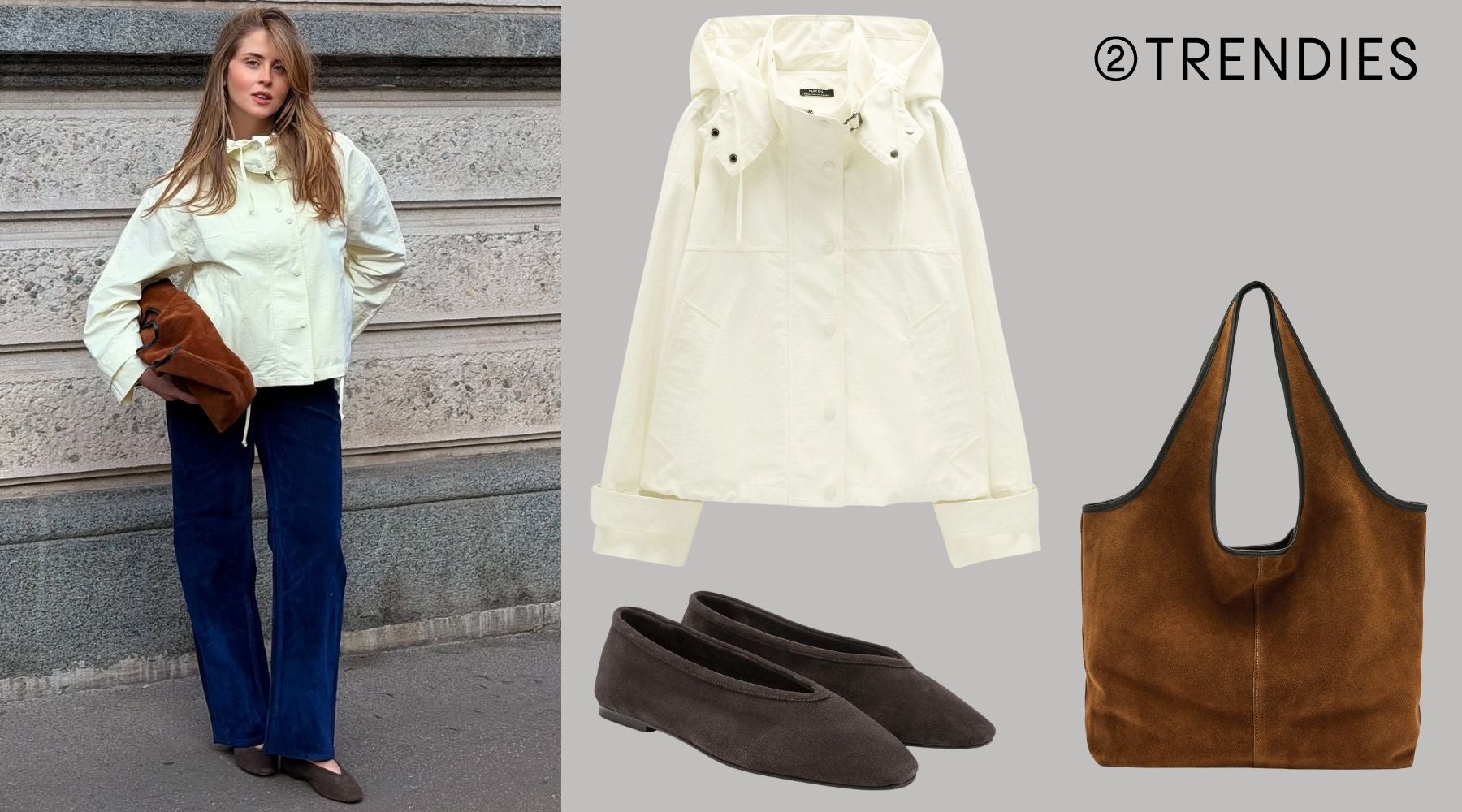 Chaqueta con capucha y cuello alto (45,99 €), bailarinas de piel de ante (39,99 €) y bolso de hombro de piel (49,99 €) | Parfois