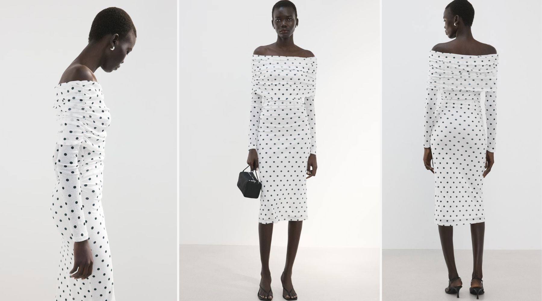 Vestido de lunares con escote bardot (35,99 €) | Mango