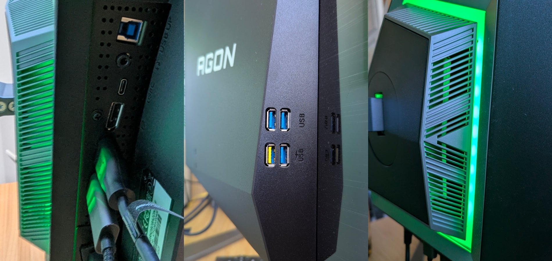 En la parte trasera y lateral este monitor de AOC tiene múltiples puertos y una tira LED integrada
