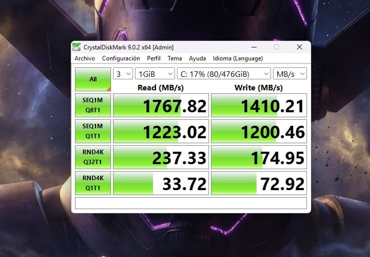 Datos de lectura y escritura del disco NVME M.2 de 512 GB que viene instalado en el Beelink ME Pro según CristalDiskMark