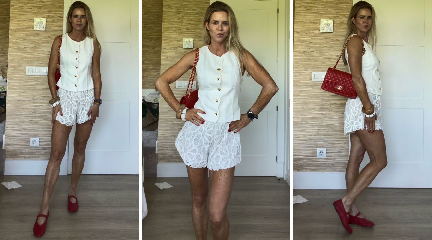 Amelia Bono añade un toque de rojo a los shorts bordados de Zara con unas bailarinas y un bolso Chanel a juego | @ameliabono.
