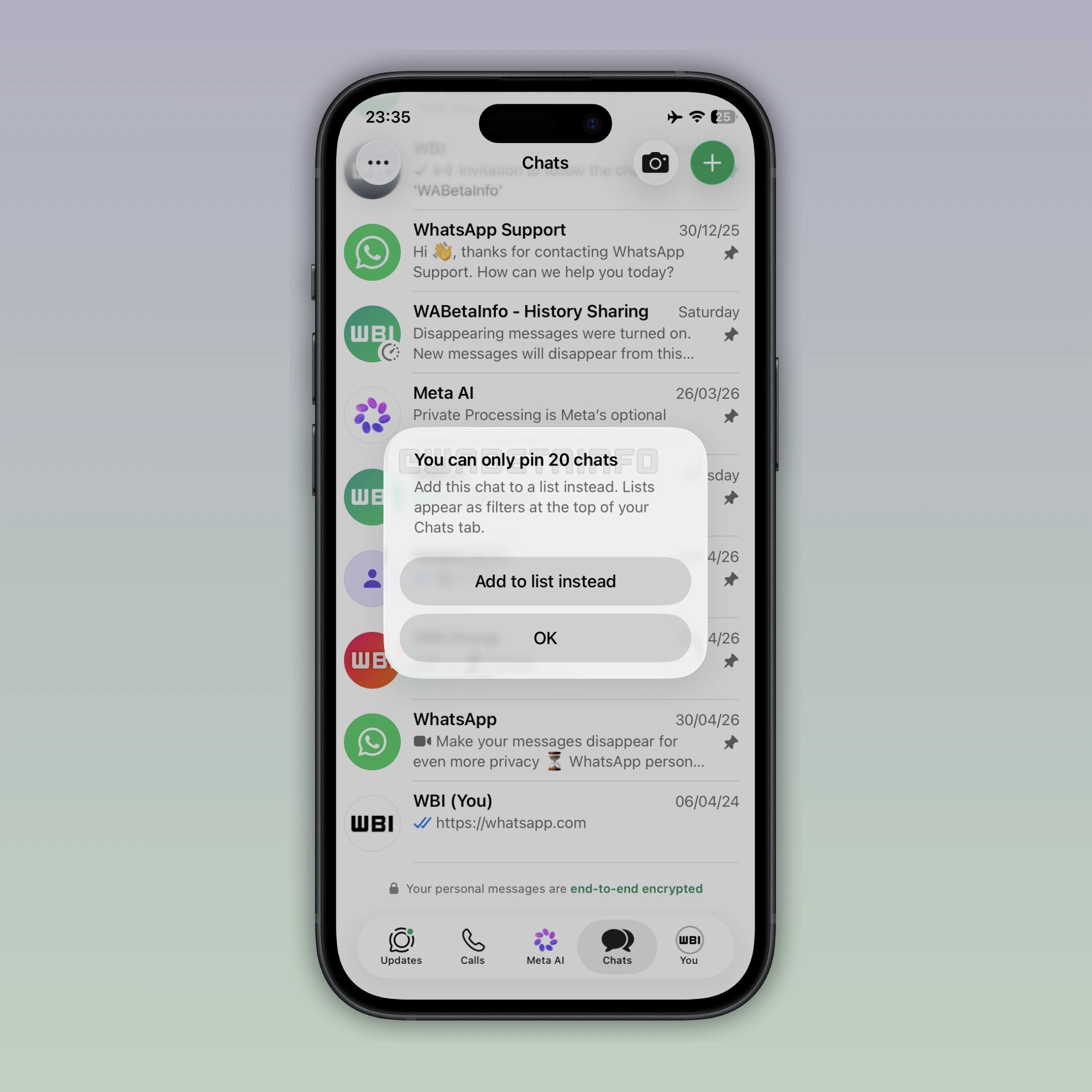 20 chats fijados en WhatsApp Plus / Crédito: WaBetaInfo