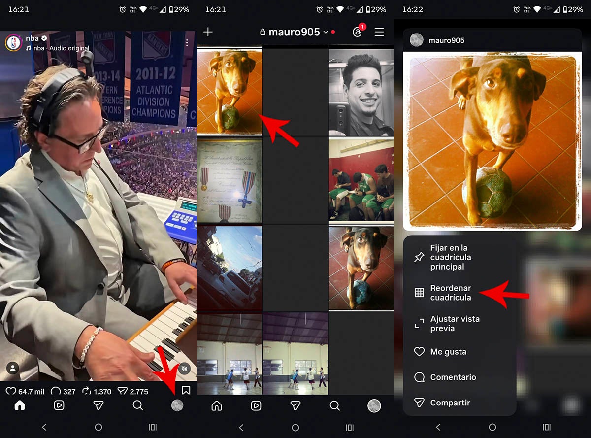Solo puedes reodenar la cuadrícula de tu perfil desde la app oficial de Instagram