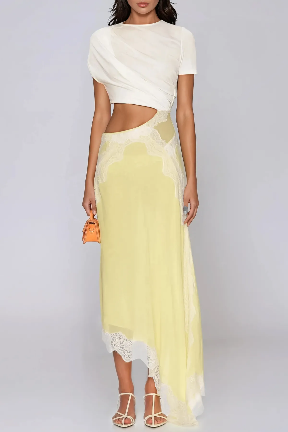 Bess Asymmetric Lace Satin Maxi Dress In Yellow (121,95 €) | Innovare Denim