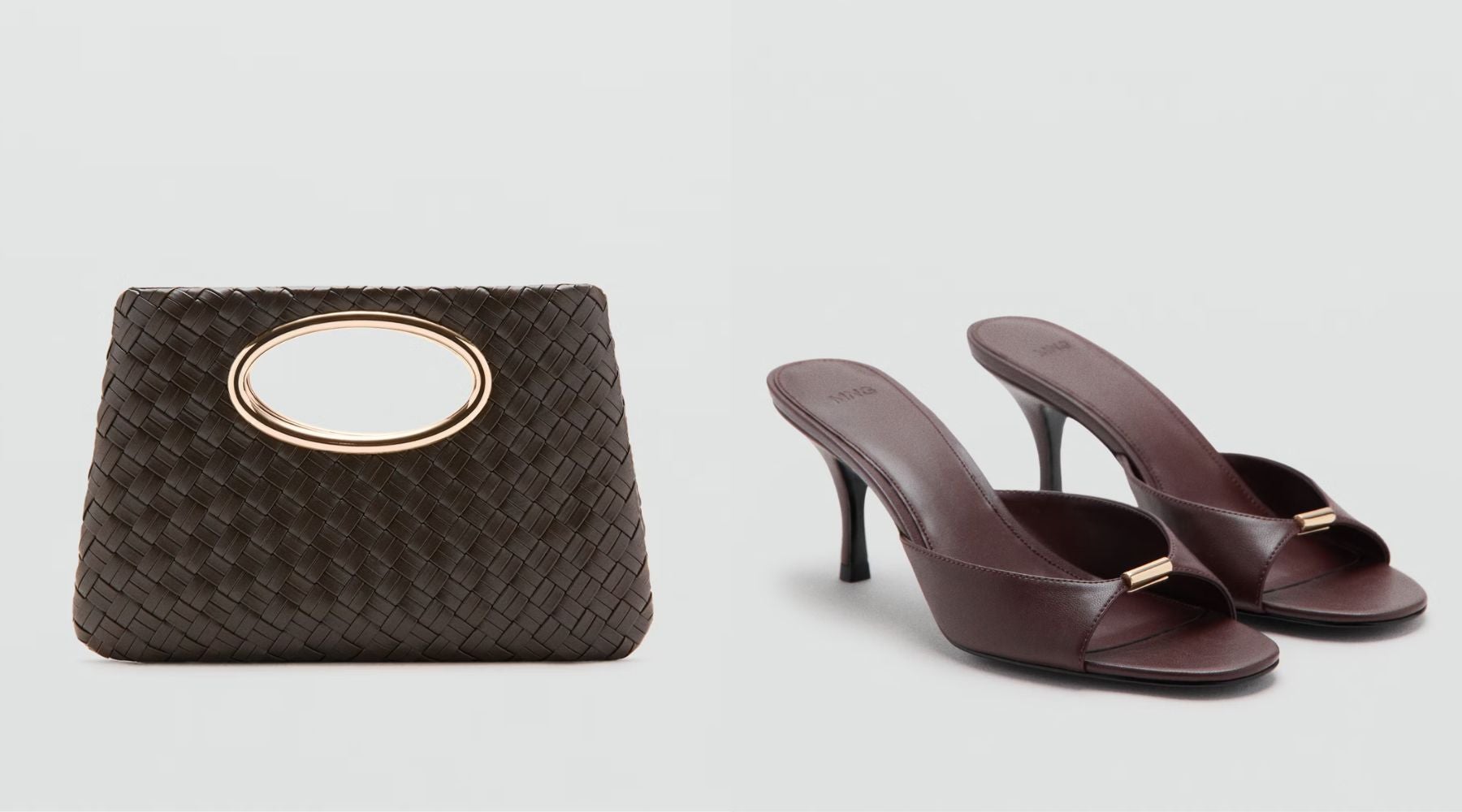 Bolso de mano trenzado (29,99 €) y sandalias de tacón con detalle metálico (39,99 €) | Mango