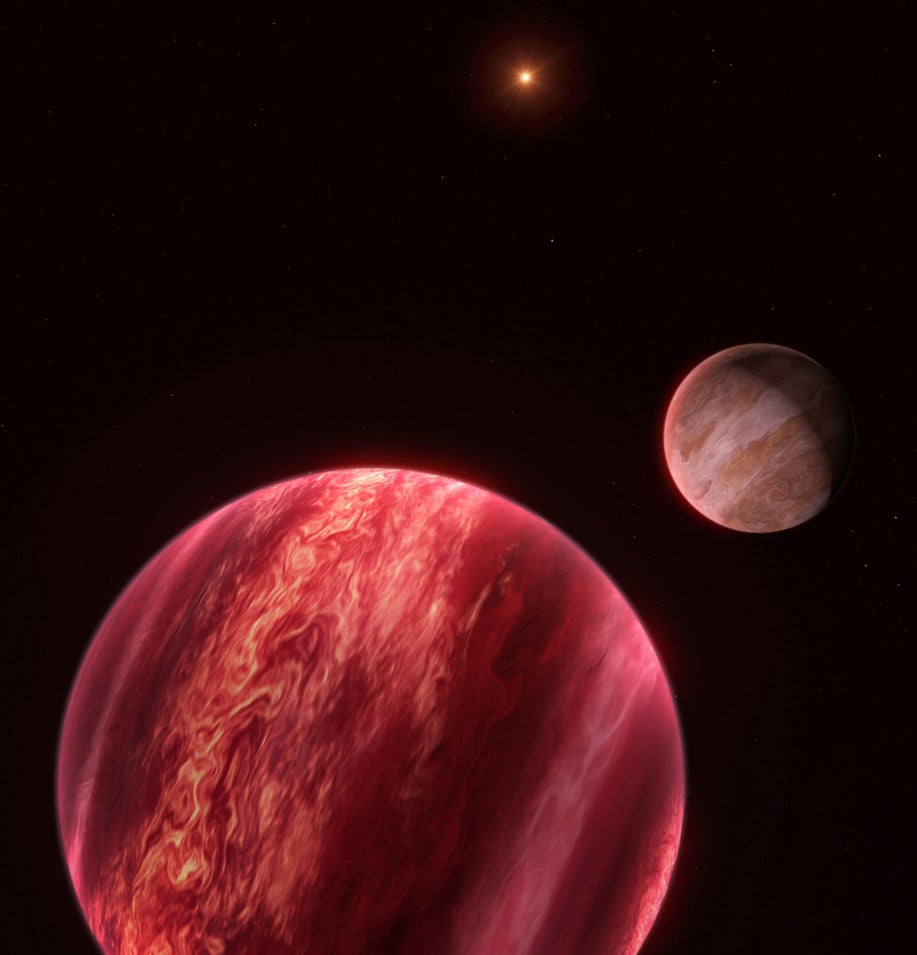 La estrella, la enana marrón y su exosatélite, a la izquierda