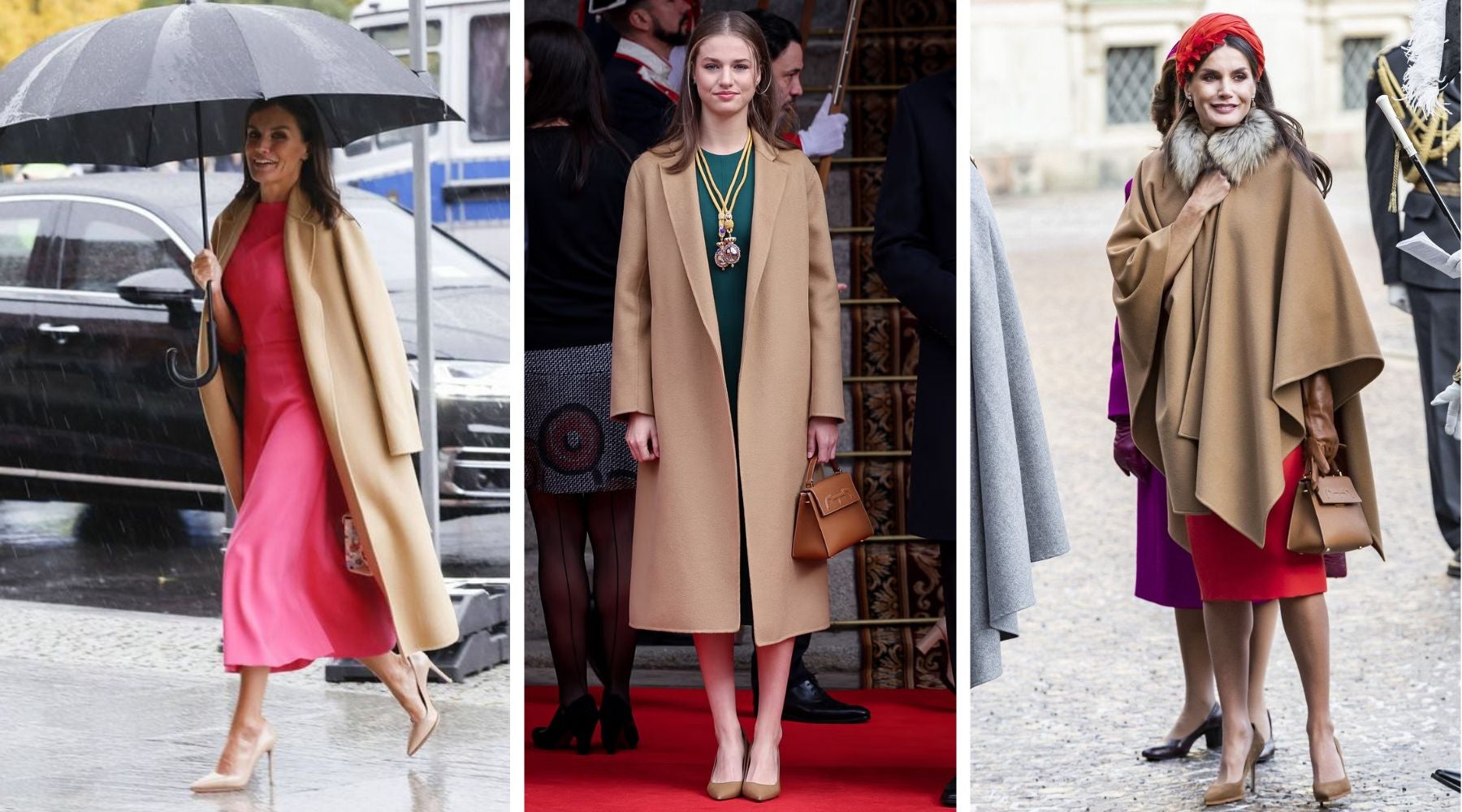 Leonor reunió en un mismo look varias piezas de Letizia, entre ellas un abrigo y un bolso de Carolina Herrera | GTRES