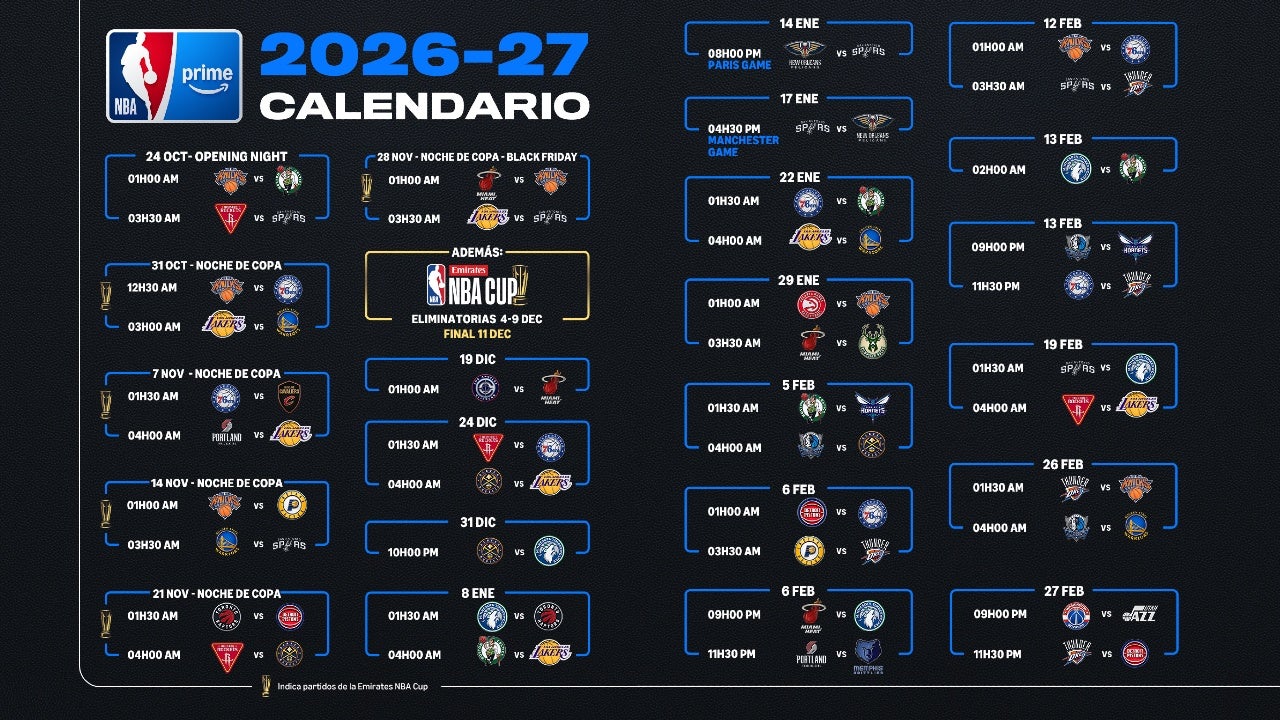 Calendario NBA de octubre de 2026 a febrero, inclusive, de 2027