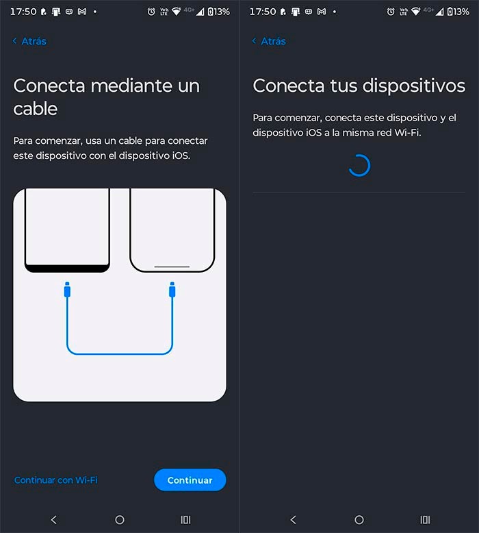 Puedes usar un cable para conectar ambos móviles, o utilizar la red WiFi que crea el iPhone para iniciar el traslado de información