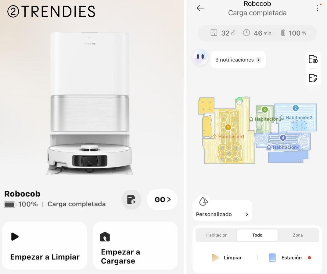 Desde Dreamehome podemos elegir qué habitaciones o zonas limpiar y consultar el recorrido del robot | Capturas Patricia Rodríguez