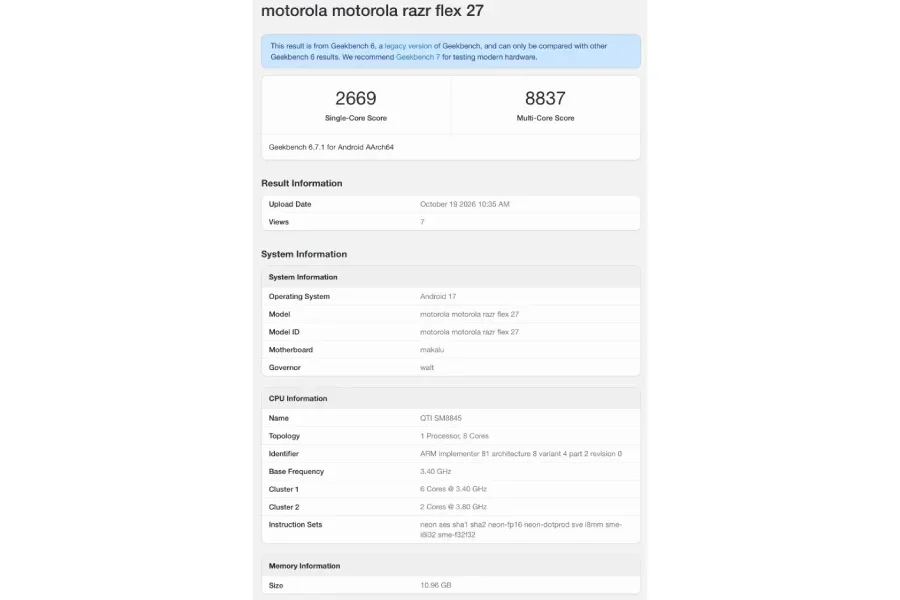 Así sera la entrada en Geekbench del Motorola RAZR Flex 27