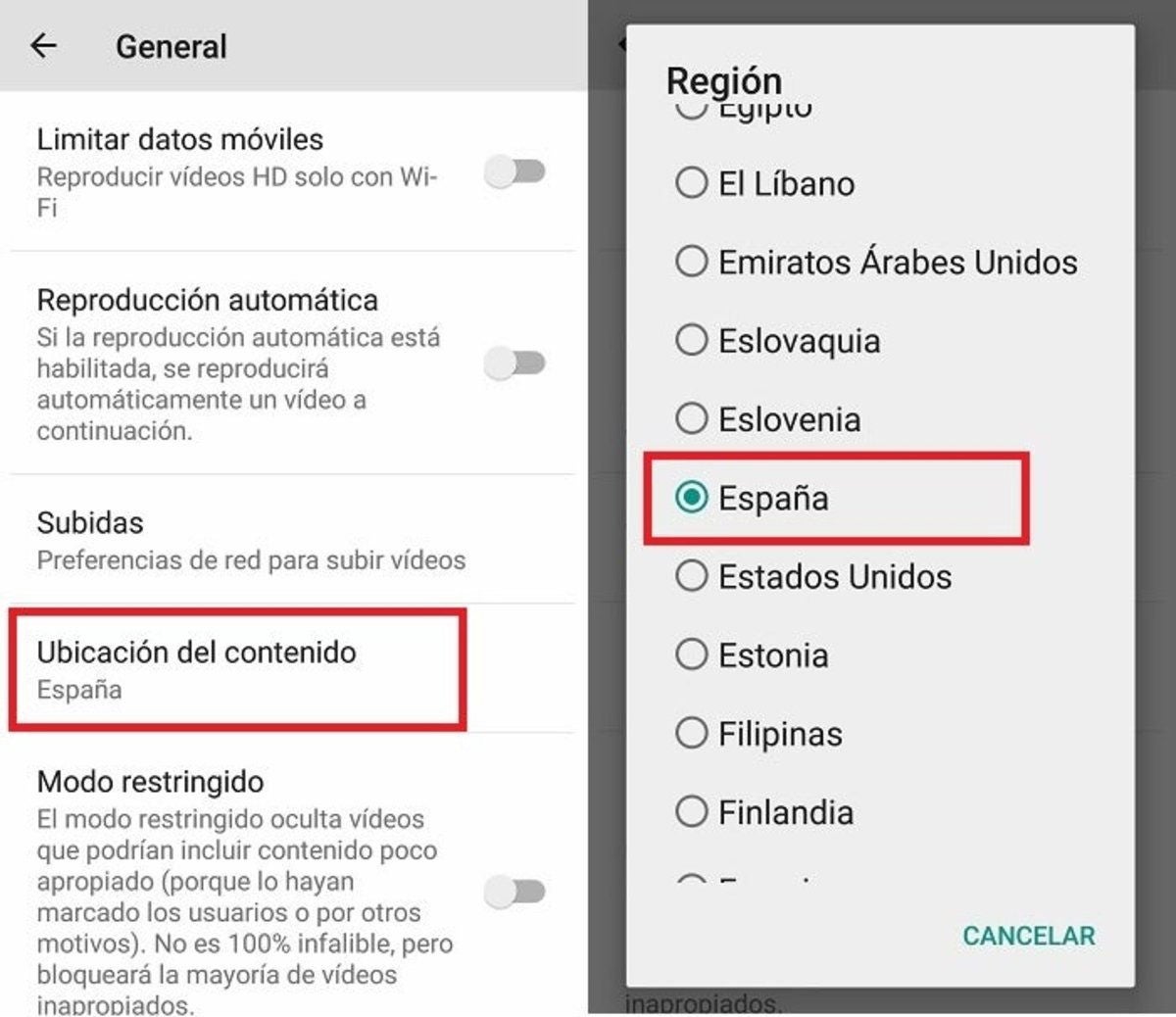 cambiar ubicacion videos youtube