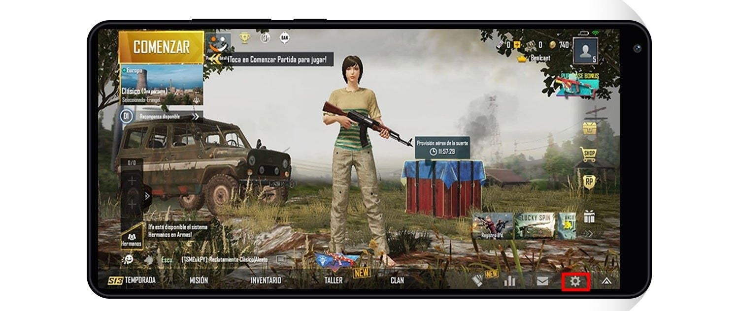 El icono del engranaje te da acceso al apartado Configuración de PUBG Mobile