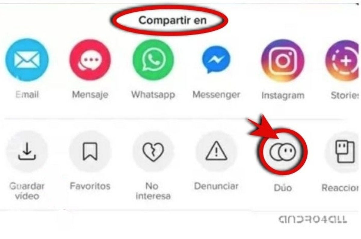 Para comenzar a grabar un dúo abre el vídeo del otro usuario y ve a Compartir > Dúo.