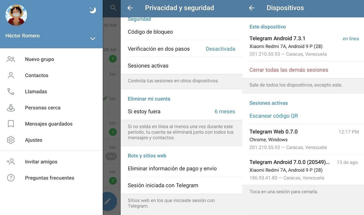 Sesiones activas en Telegram