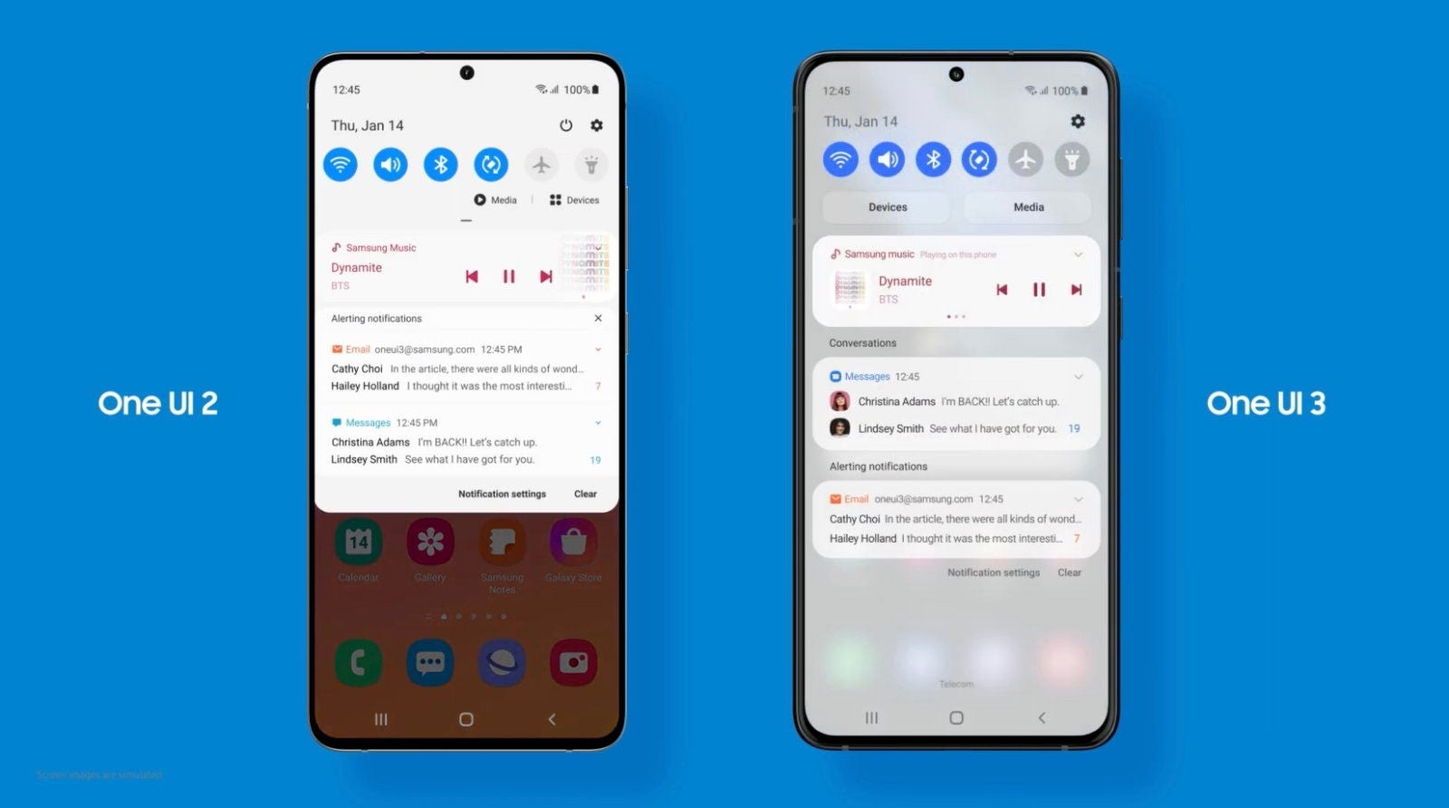 El panel de notificaciones de One UI 2, junto al de One UI 3.