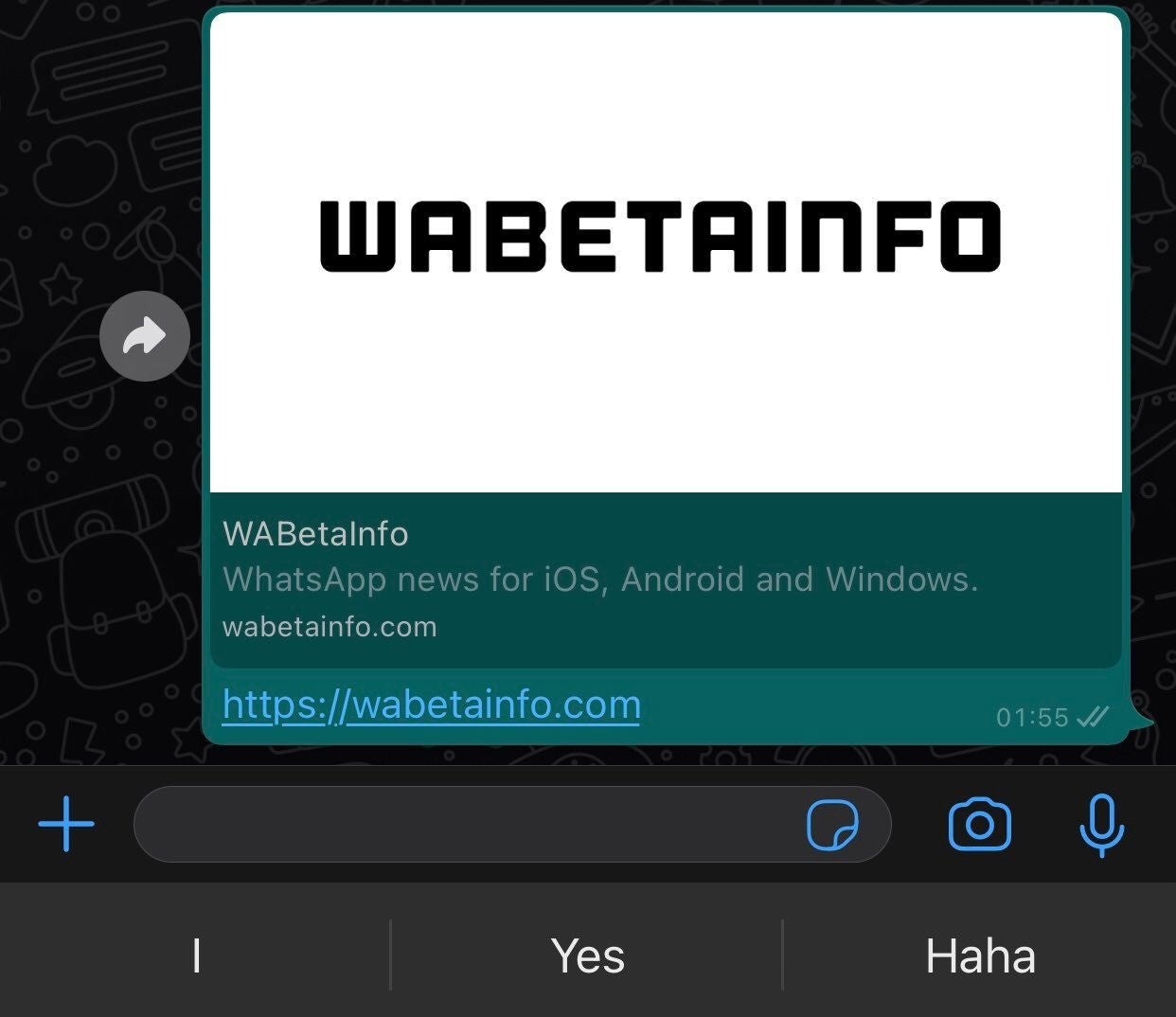 Así se ven las nuevas burbujas de chat de WhatsApp con previsualuzación de enlaces de gran tamaño.