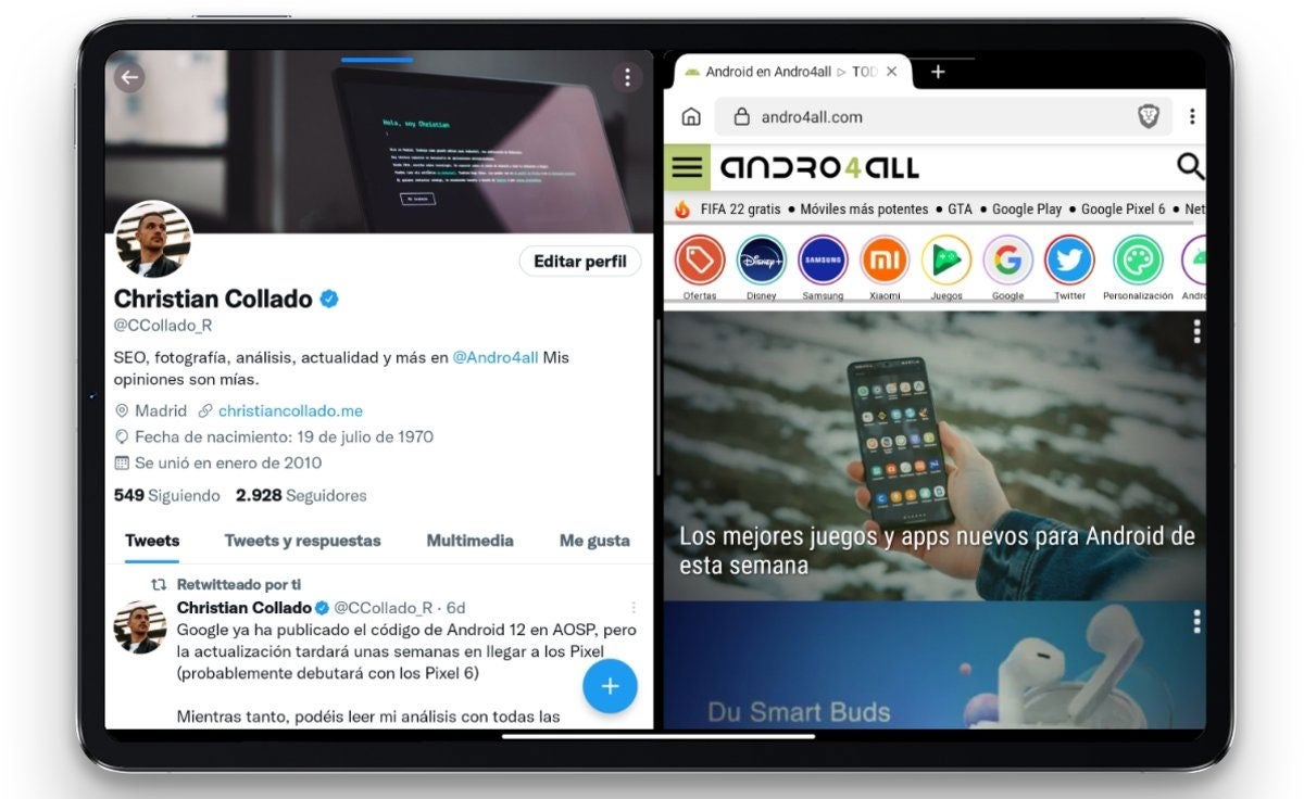 Varias apps abiertas en la Xiaomi Pad 5 con la función de pantalla partida.