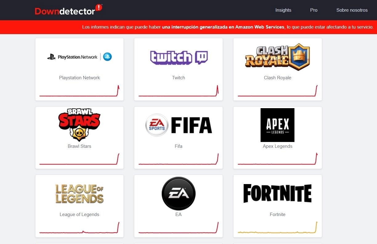 Servicios caídos en Down Detector.