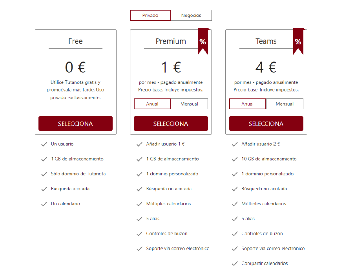 Los diferentes planes de Tutanota