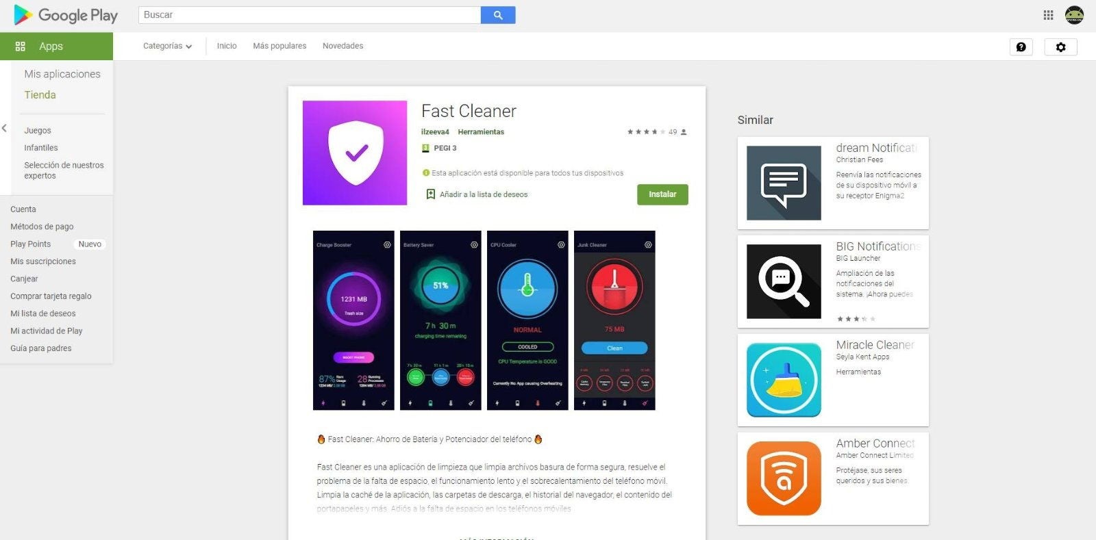 La app maliciosa Fast Cleaner en la Google Play Store