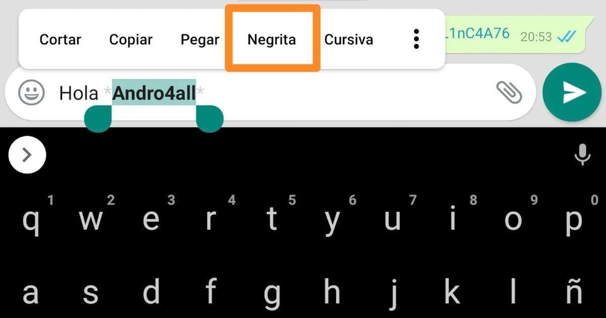 Toca en la opción "Negrita" para aplicar los cambios en WhatsApp.