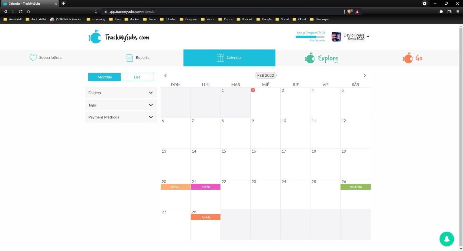 La vista de calendario de TrackMySubs