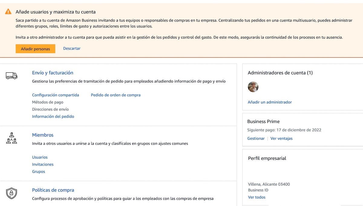Captura de pantalla de panel de Amazon Business
