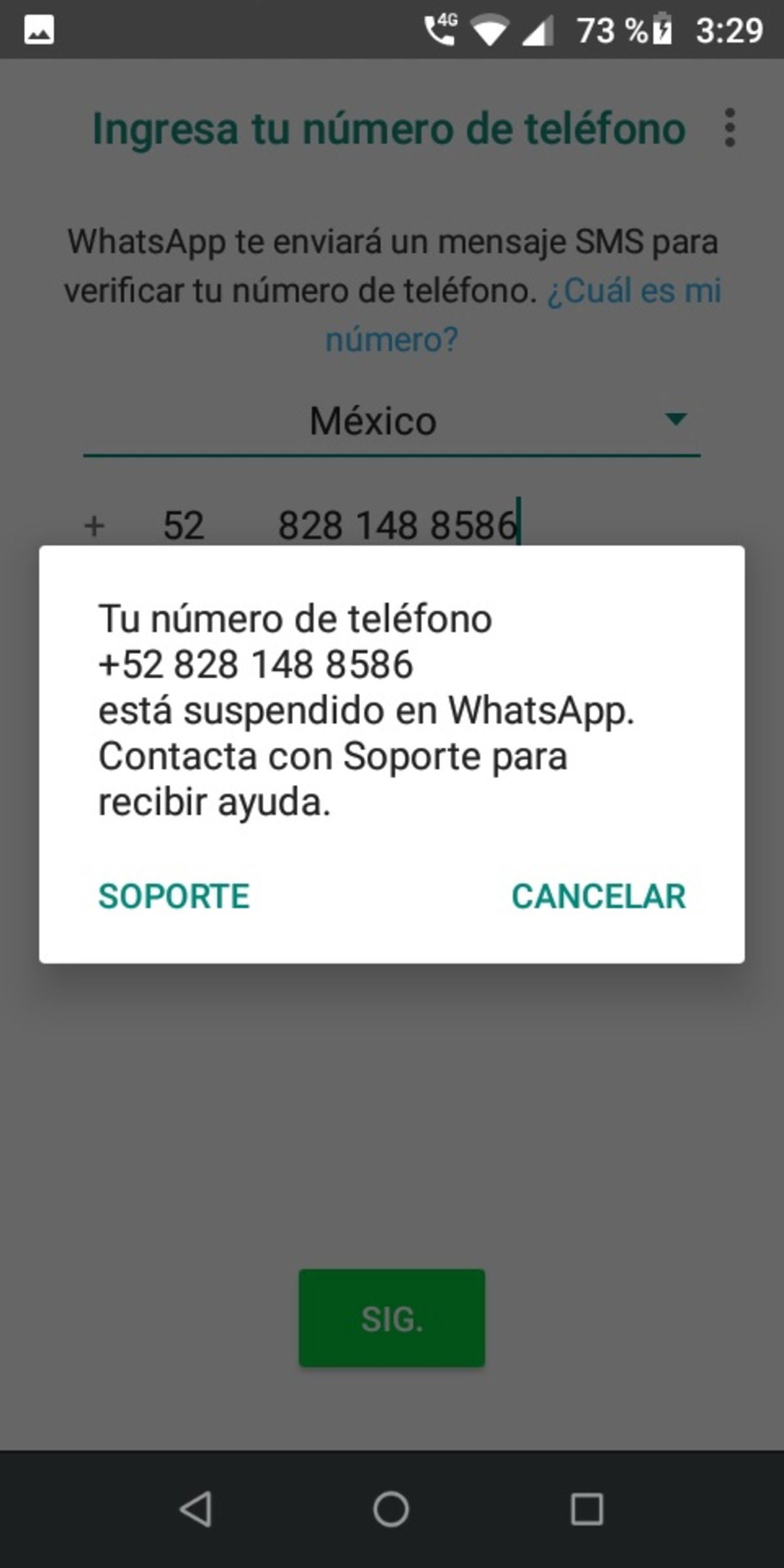 Si WhatsApp ha suspendido tu cuenta, verás este mensaje.